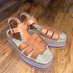 Anthropologie Women Sporty Platform Leather Tan Espadrille  Shoes Sz 8.5